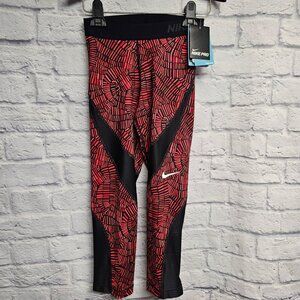 NWT NIKE PRO XS BLACK RED MESH DRI-FIT COOL SERIES CAPRI TRAINING LEGGINGS